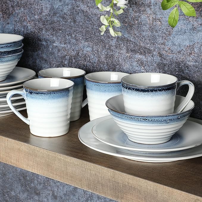 Gibson Elite Spiral Reactive Embossed Dinnerware Set - Blue Service for Four (16pcs)