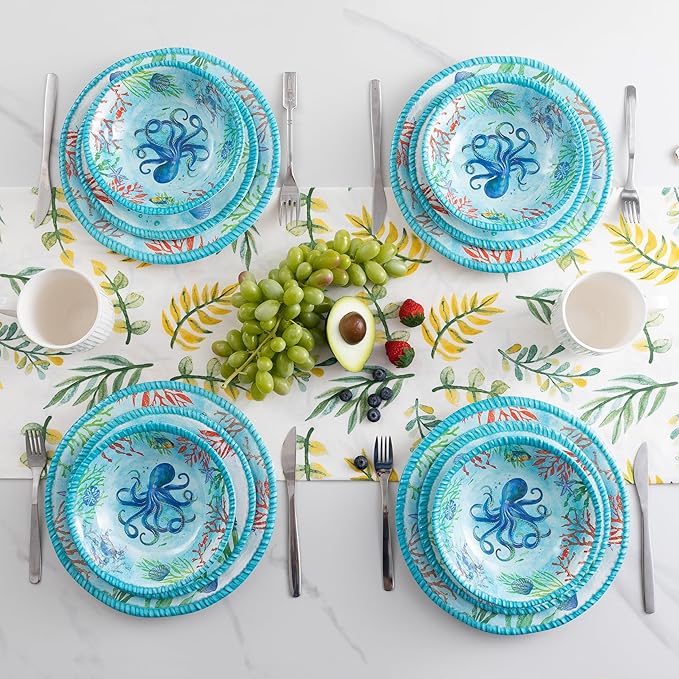Coastal Dinnerware Sets Ocean Theme Unbreakable Kitchen Plates and Bowls Set Coastal Dishes Lightweight Dinnerware Set RV and Camping dishes set for 4 Dishwasher Safe