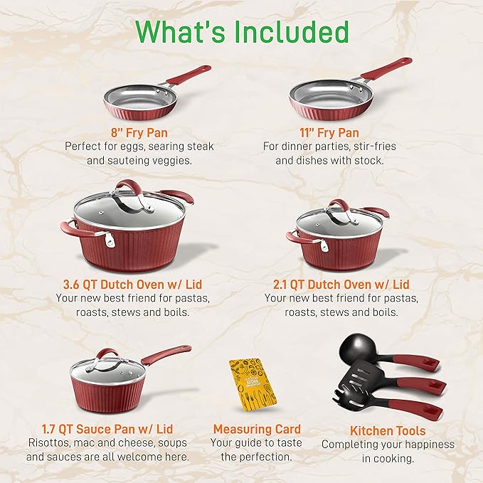 NutriChef Non-stick Kitchenware Pots &amp Pans - 11 Pcs. Stylish Kitchen Cookware Set w/Elegant Lines PatternGray Inside &amp Red Outside Metal + Silicone Handle PTFE/PFOA/PFOS Free - NCCW11RDL
