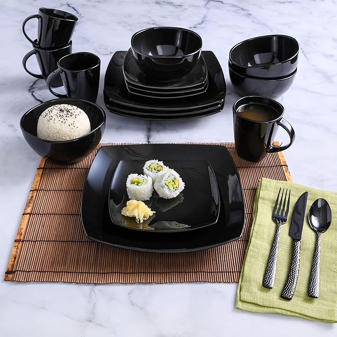Gibson Elite Soho Lounge Square Reactive Glaze Stoneware Dinnerware Set Service for 4 (16pc) Black