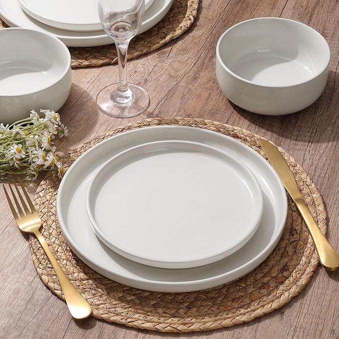 HaWare Stoneware Dinnerware Sets 12-Piece Plates and Bowls Set for 4 Dishes Set for Home Restaurant Speckled Milky White