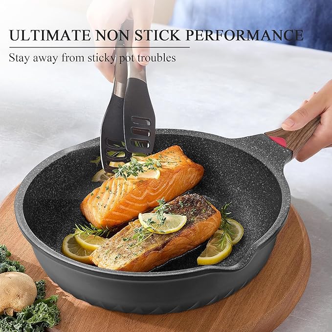 Vinchef Pots and Pans Set 12pcs Nonstick Induction Kitchen Cookware Sets with Stay-Cool Handles Frying Pans and Saute Pan with Lid Silicone Cooking Utensil Sets and Pot Protectors PFAS PFOA Free