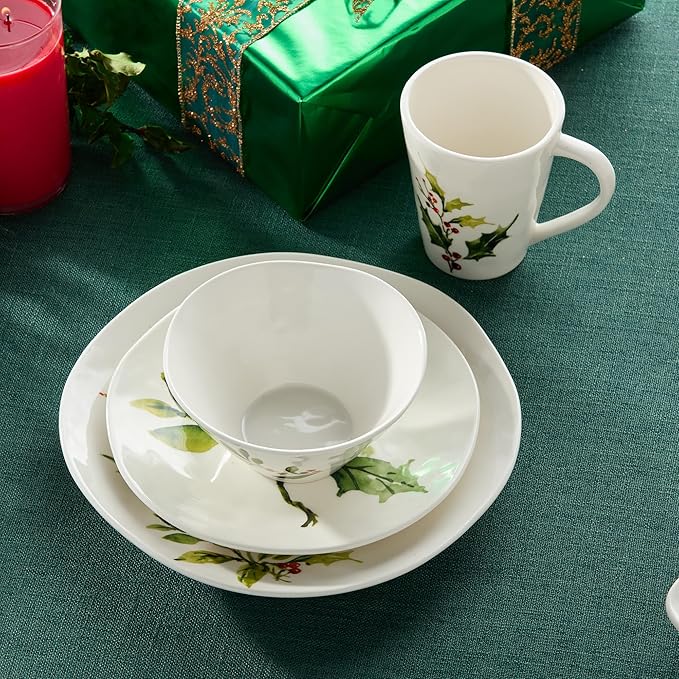 Holly and Vines Christmas Dinnerware Set – 16-Piece Stoneware Service for 4 with Artist-Designed Holiday Plates Mugs &amp Bowls Elegant Tableware for Christmas Hosting &amp Winter Entertaining
