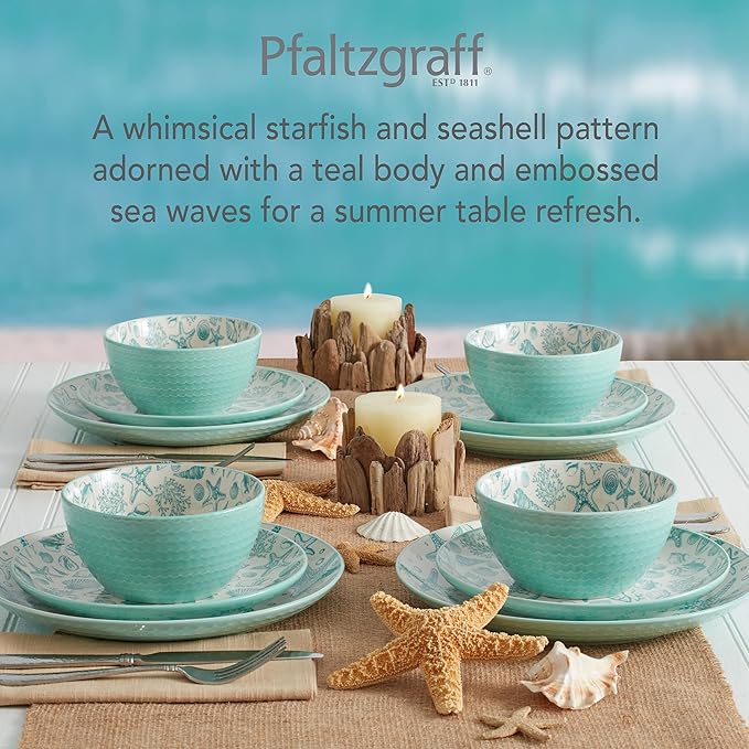 Pfaltzgraff Venice 16-Piece Stoneware Dinnerware Set Service for 4 Aqua and White Color Combination Durable and Chip Resistant Microwave Safe