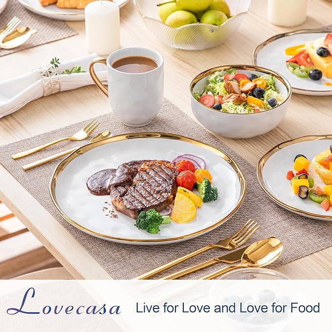 LOVECASA 16 Pieces Plates and Bowls Sets Porcelain White and Gold Dinnerware Sets Round Dinner Plates Dishes Set Service for 4 Dishwasher Safe and Scratch Resistant White