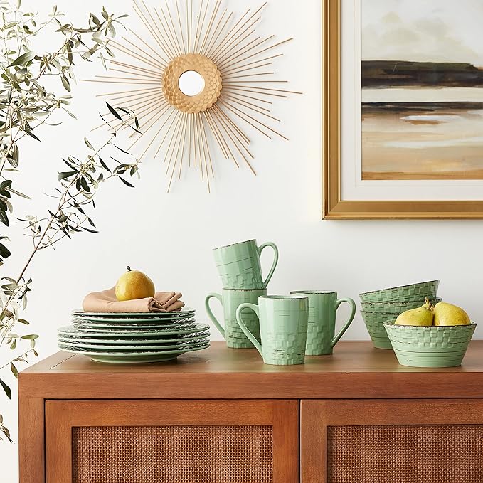 Lorren Home Trends 16 Piece Distressed Weave Dinnerware Set-Green