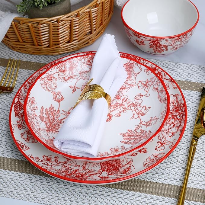 12-Piece Dinnerware Set with Red and White Plates Service for 4 Microwave and Dishwasher Safe