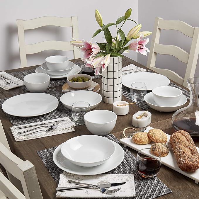 Denmark White Catering and Dining- Commercial Chef Restaurant Grade Scratch Chip Resistant Dishwasher Oven Microwave Safe Dinner Soup Cereal Plate Bowl 12 Piece White Vitrified Dinnerware Set