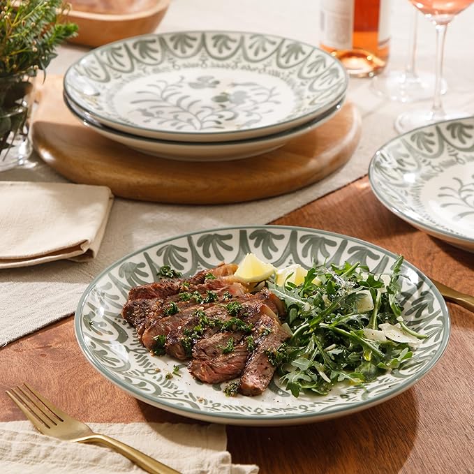 Bloomhouse - 2-Time Oprah’s Favorite Things - Valencia Flor 4 Piece 10.75” Dinner Plate Set Stoneware Plates Mediterranean Floral Decal Design Microwave &amp Dishwasher Safe Fern Green