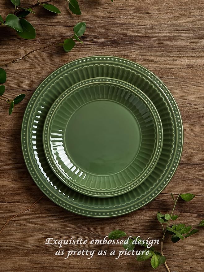 Famiware 24 Pieces Dinnerware Sets Dishes Set for 4 Dark Green &amp Light Gray