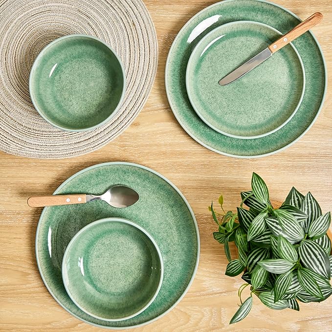 Sango 12-Piece Stoneware Dinnerware Set for 4 Green Ceramic Plates and Bowls Sets Modern Dish Set with Reactive Glaze Durable Kitchen Dishes for Casual Dining Microwave &amp Dishwasher Safe Ashe