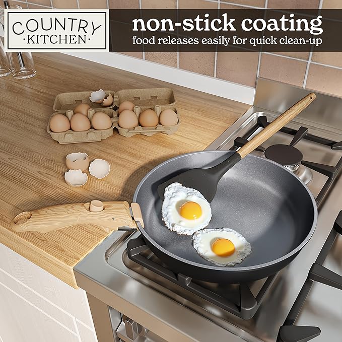 Country Kitchen Cookware Set with Removable Handle Oven &amp RV Safe Pots and Pans Set Black/Grey Wood Handle Original