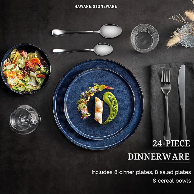 HaWare Dinnerware Sets 24-Piece Plates and Bowls Set Stoneware Dish Set for 8 Ceramic Dinnerware for Home Restaurant Chip and Scratch Resistant Microwave and Dishwasher Safe Reactive Starry Blue