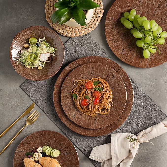 MissYIP 12 Pcs Unbreakable Dinnerware Set - Service for 4 Dishwasher Safe Plates and Bowls - Ideal for Party Camping Indoor &amp Outdoor Use (Brown)
