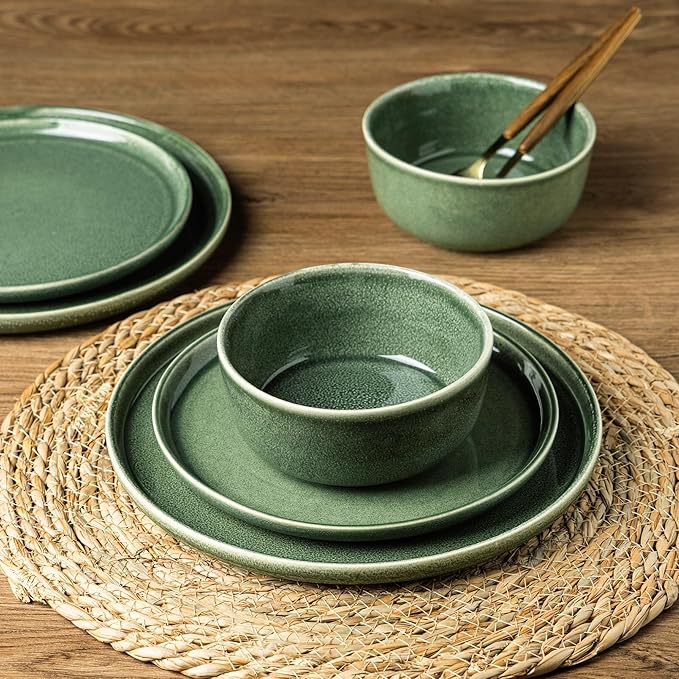AmorArc Stoneware Dinnerware SetsRound Reactive Glaze Ceramic Plates and Bowls SetsHighly Scrath Resistant | Dishwasher &amp Microwave SafeService for 8 Dishes Set (24pc)