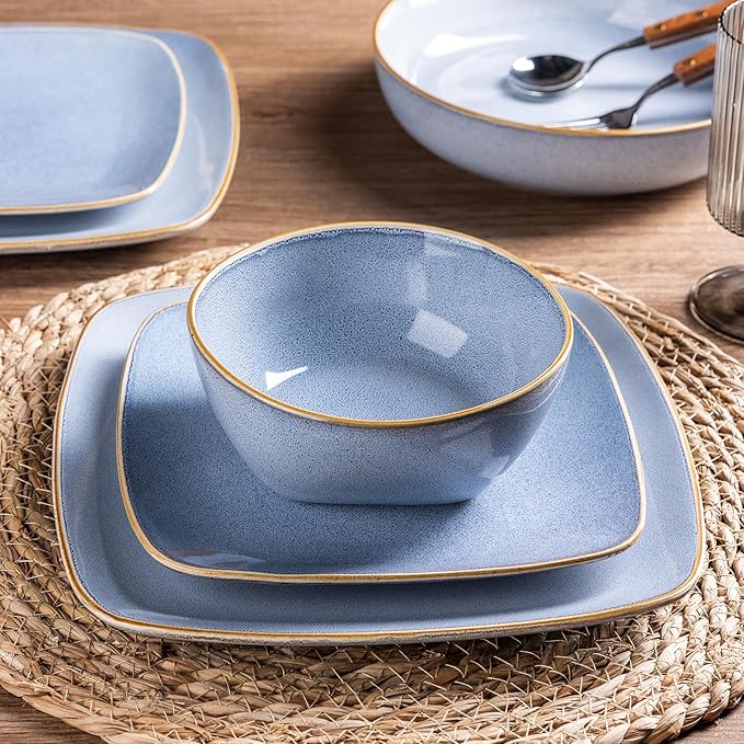 AmorArc Ceramic Dinnerware Sets for 4 12 Pieces Square Handpainted Plates and Bowls Set Chip and Scratch Resistant Stoneware Dishes Set Dishwasher &amp Microwave Safe Reactive Blue