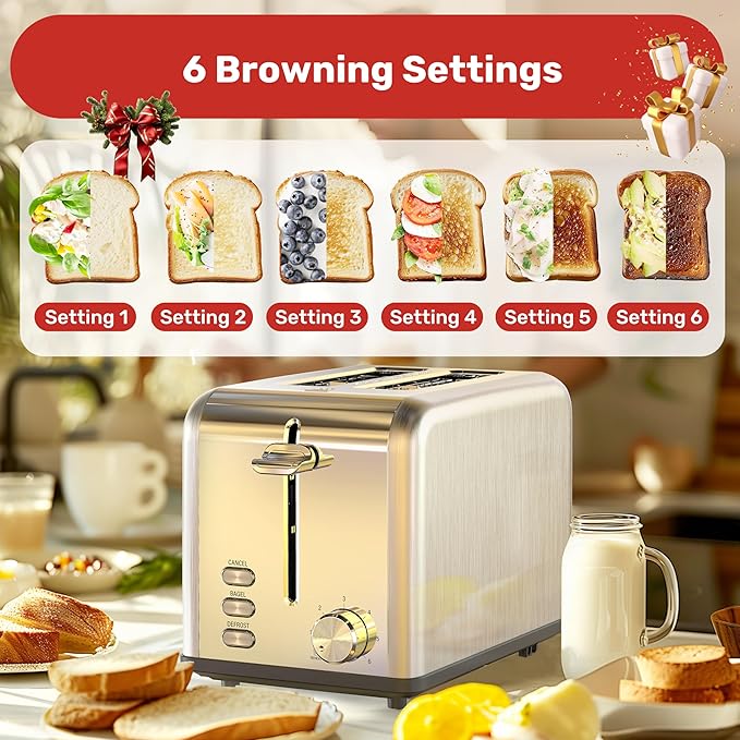 YSSOA 2 Slice Stainless Steel Toaster 6 Shade Settings and Bagel/Defrost/Cancel Functions with Extra Wide Slot &amp Removable Crumb Tray for Various Bread &amp Waffle Silver New