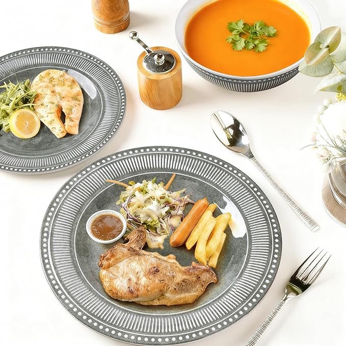 AELS Melamine Dinnerware Set of 12 Pcs Dinner Dishes Set for Indoor and Outdoor Use Melamine Plates and Bowls Set for 4 Dishwasher Safe Lightweight Unbreakable BPA Free Gray