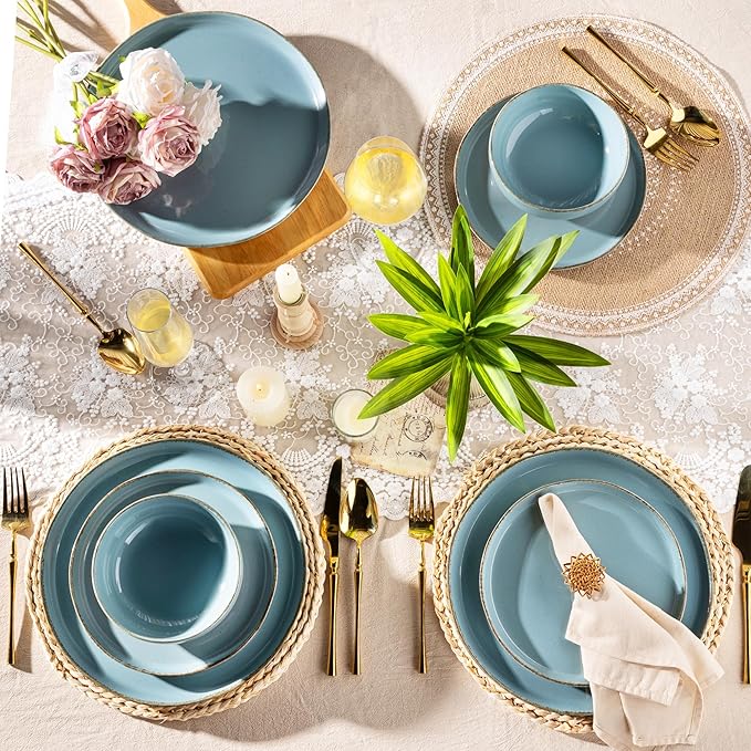 AmorArc Ceramic Dinnerware Sets for 4 12 Pieces Handpainted Plates and Bowls Set with Rustic Terracotta Underside Scratch Resistant Stoneware Dishes Set Dishwasher &amp Microwave Safe