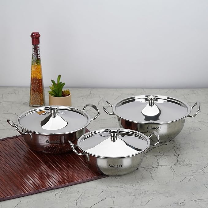 Sumeet Big Size Stainless Steel Cook and Serve Induction Handi Set with Lid and Handle Set of 3Pc 1200ML1650ML &amp 2050ML Silver