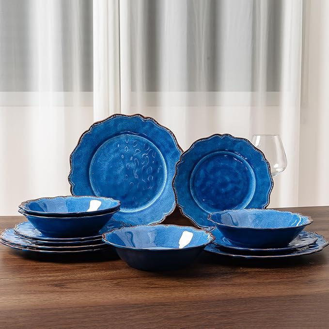 LEHAHA Farmhouse Melamine Dinnerware Sets-Lightweight Durable BPA Free 12 Piece Plates and Bowls Set Blue Dishes Set for Indoor &amp Outdoor Use Perfect for Camping BBQs Parties