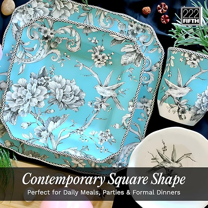 222 Fifth Adelaide 16-Piece Square Floral Dinnerware Set – Service for 4 Turquoise Porcelain Plate Bowl &amp Mug Set Chip Resistant for Everyday Dining &amp Entertainment Microwave &amp Dishwa