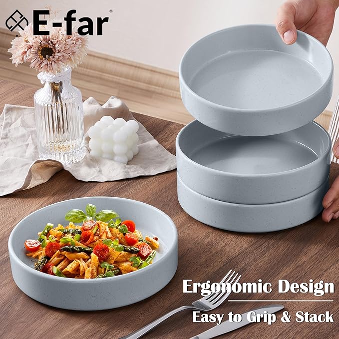 E-far Stoneware Dinnerware Sets with Pasta Bowls Set of 4 Bundle 12PCS Plates and Bowls Dish 35oz Ceramic Large Salad Bowl Plates for Serving Soup Dinner Microwave &amp Dishwasher Safe Speckled G