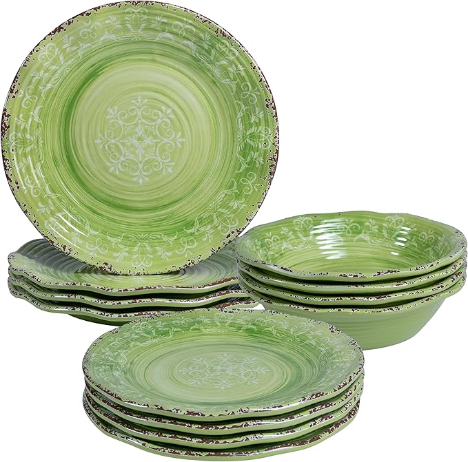 LEHAHA Melamine Dishes Unbreakable Dinnerware Sets 12 Piece Farmhouse Rustic Swirl Plates and Bowls Set for Outdoor Picnic RV Camping &amp Everyday Use Service for 4 Green
