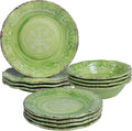 LEHAHA Melamine Dishes Unbreakable Dinnerware Sets 12 Piece Farmhouse Rustic Swirl Plates and Bowls Set for Outdoor Picnic RV Camping &amp Everyday Use Service for 4 Green