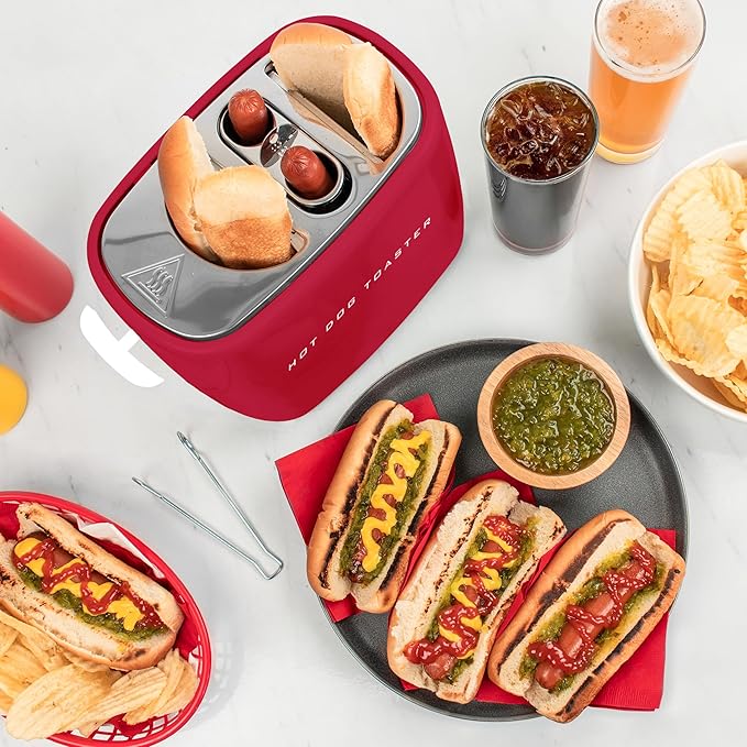 Nostalgia Retro Pop-Up Hot Dog Toaster 2 Link and 2 Bun Capacity With Mini Tongs Works With Chicken Turkey Veggie Sausages and Brats
