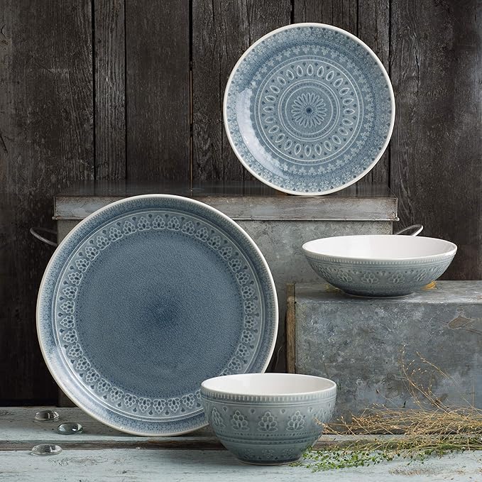 Euro Ceramica Fez 16 Piece Double Bowl Stoneware Mandala Pattern Design Dinnerware Set Service for 4 Grey