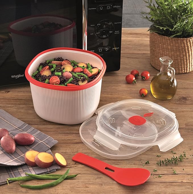 Snips - Microwave Rice Cooker - For Rice Grains and Vegetables - Microwave rice steamer 2.70 litres - 20.5 x 20.5 x 14.5 cm - Rice Cooker Microwave White and red - 100% Made in Italy