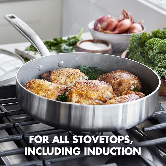 GreenPan Chatham Tri-Ply Stainless Steel 12 Piece Cookware Set PFAS-Free Pots and Pans Multiclad Induction Ready Fry Saute Sauce Pans Stockpot Dishwasher Safe Oven &amp Broiler Safe Silver