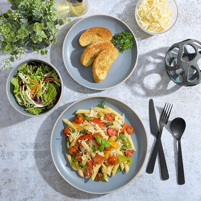 Gibson Home Rockaway 12-Piece Round Stoneware Dinnerware Set Service for 4 – Blue Plates and Bowls Microwave &amp Dishwasher Safe