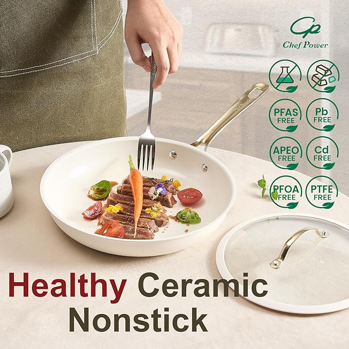 Chef Power Ceramic Cookware Sets 10Pcs Pots and Pans Set Non Stick Cookware Set with Stainless Steel Handle Dishwasher &amp Oven Safe Cream White and Light Gold Handle