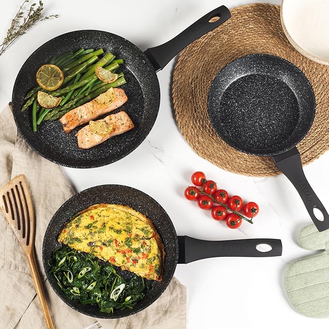 Salter BW06524S Non-Stick Frying Pan - 30cm Forged Aluminium Megastone Cooking Pan PFOA-Free Induction Suitable Corrosion-Resistant Dishwasher/Metal Utensil Safe Soft-Touch Handle Silver/Black