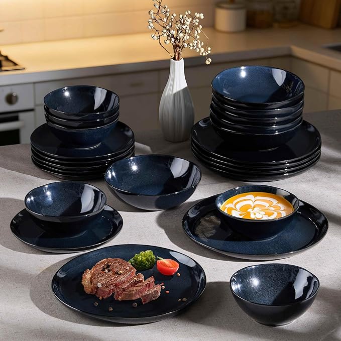 Herogo Stoneware Dinnerware Sets for 6 24 Piece Ceramic Dinner Dishes Set Irregular Handmade Plates and Bowls Dishware Crack and Scratch Resistant Starry Blue