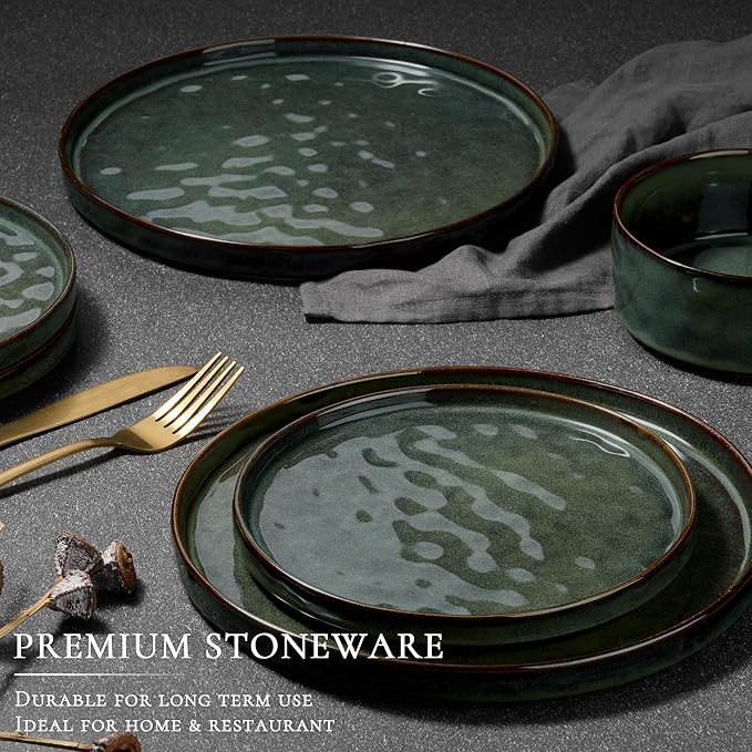 Vesteel Dinnerware Sets 12-Piece Stoneware Plates and Bowls Set Dishes Set for 4 Elegant Ceramic Dinnerware for Home Restaurant - Sage Green