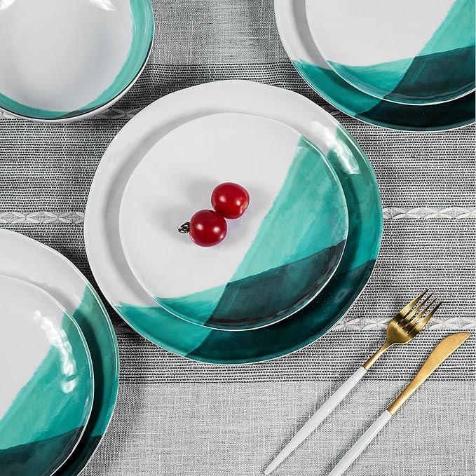 Melamine Plates and Bowls Set - 12pcs Dinnerware Dishes Set for 4 Dinner Plates for Indoor and Outdoor Use Lightweight Break-resistant Green &amp White