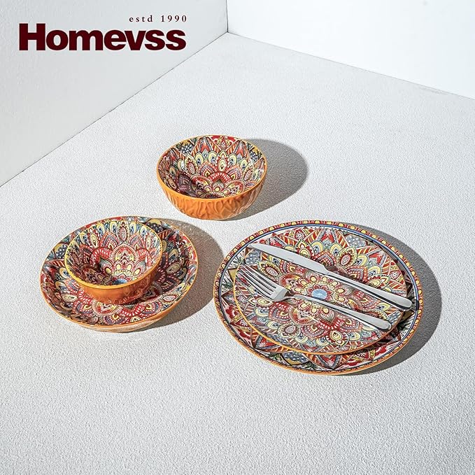Homevss 20 Pieces Dinnerware Sets Plates and Bowls Set Porcelain Dishes Set for 4 Microwave and Dishwasher Safe Scratch Resistant Bohemian Style Dining Ware