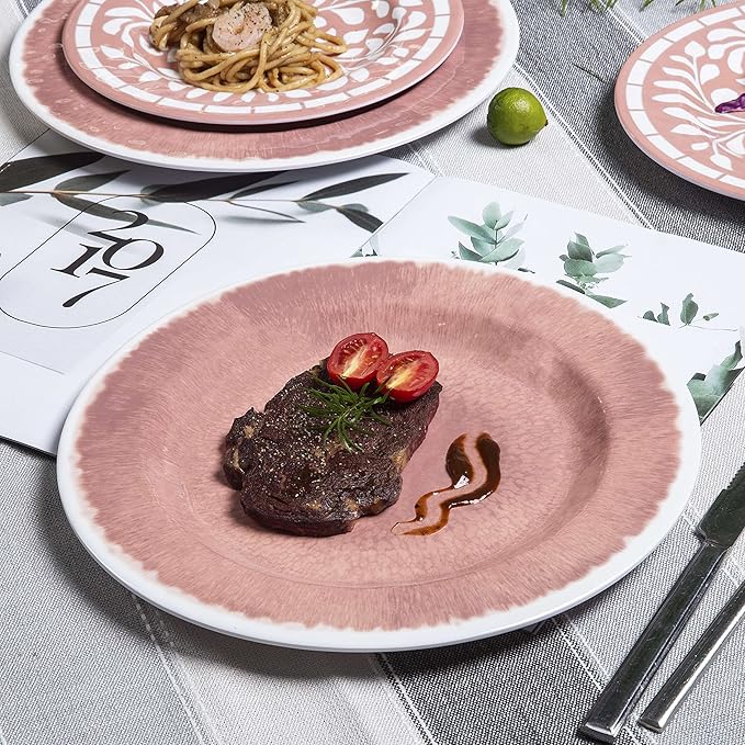 Melamine Dinnerware Sets - 12 Pcs Plates and Bowls SetUnbreakable Dinner Dishes Set for 4Lightweight Dishwasher Safe BPA FreeIndoor Outdoor use Pink