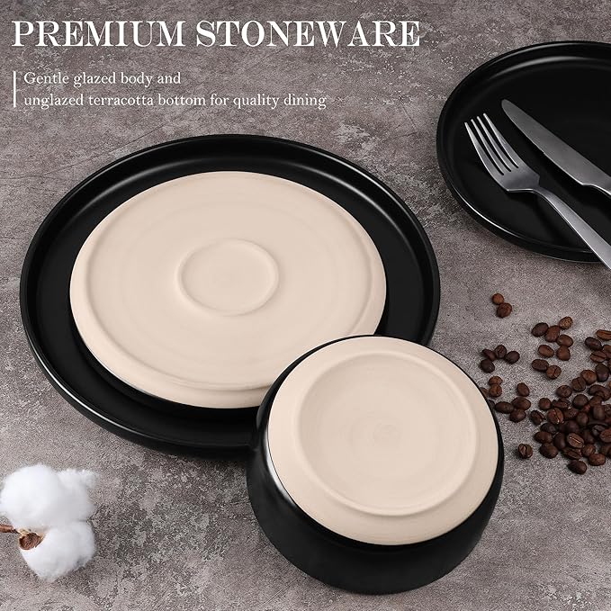 Vesteel 12-Piece Dinnerware set Ceramic Plates and Bowls set for 4 Speckled Stoneware Dishes Set for Family Microwave &amp Dishwasher Safe - Matte Black