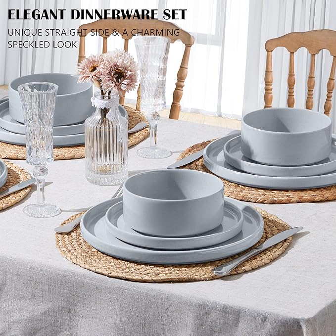 E-far Stoneware Dinnerware Sets with Pasta Bowls Set of 4 Bundle 12PCS Plates and Bowls Dish 35oz Ceramic Large Salad Bowl Plates for Serving Soup Dinner Microwave &amp Dishwasher Safe Speckled G