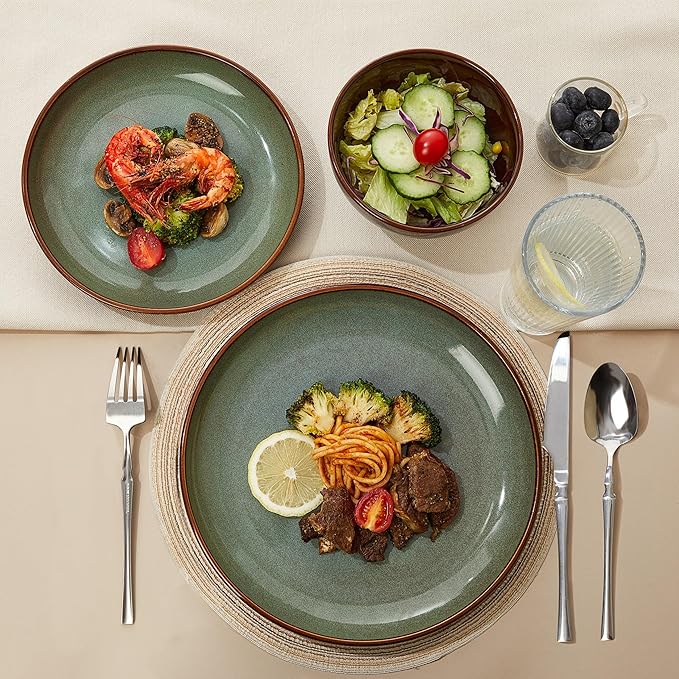 Stoneware Dinnerware Sets 12-Piece Ceramic Plates and Bowls Sets for 4 Sage Green Microwave and Dishwasher Safe 10 Inch Dinner Plates 8.2 Inch Salad Plates 5.4 Inch Bowls