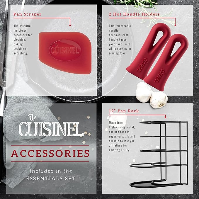 Cuisinel Cast Iron Cookware Set - 6-Pieces Pre-Seasoned Kit: 10+12 Skillet + Glass Lids + Pizza Pan + Pan Rack Organizer + Silicone Handle Covers + Scraper/Cleaner - Grill Camping Indoor/Outdoor