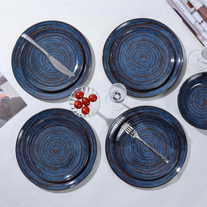 Melamine Dinnerware Set 12-Piece Plates and Bowls Set Blue Threaded Plastic Dishes Set Service for 4 BPA-Free Dishwasher Safe