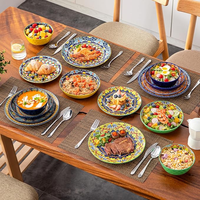 vancasso 16 Pieces Plates and Bowls Set Bohemian Style Dinnerware Sets Service for 4 Porcelain Boho Dishes Set for Kitchen Housewaring Gift Dishwasher and Microwave Safe Series KRVI