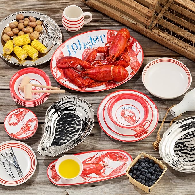 Beach House Lobster 12-Piece Melamine Dinnerware Set – Bold Coastal Charm Service for 4 Durable Lightweight and Dishwasher-Safe