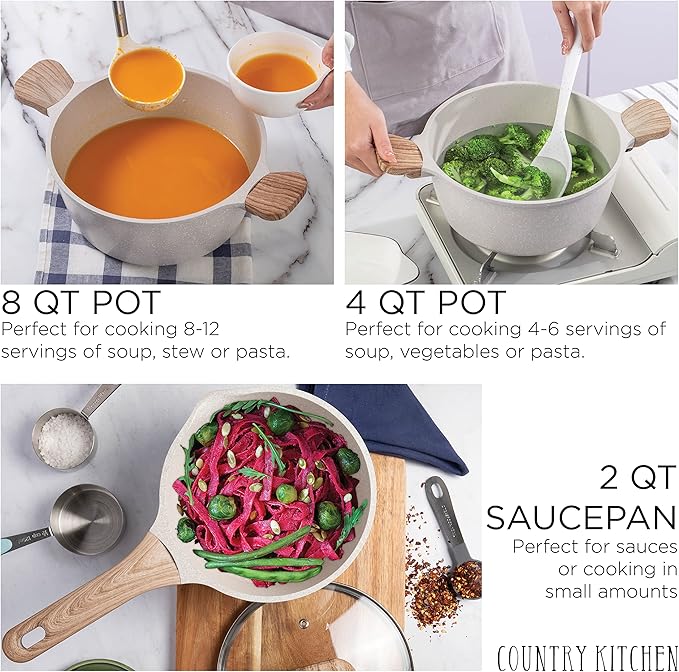 Country Kitchen Non-Stick Cast Aluminum Cookware Set - Durable Kitchen Cookware for Everyday Cooking Speckled Cream 8 Pc.