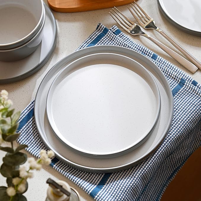 Melamine Dinnerware Sets Dishware Sets for 4 12 Pcs Plate and Bowl Set with Lipped Edges Lightweight Dish Set for CampingDishwasher SafeGood for Housewarming(Light GreyWhite)